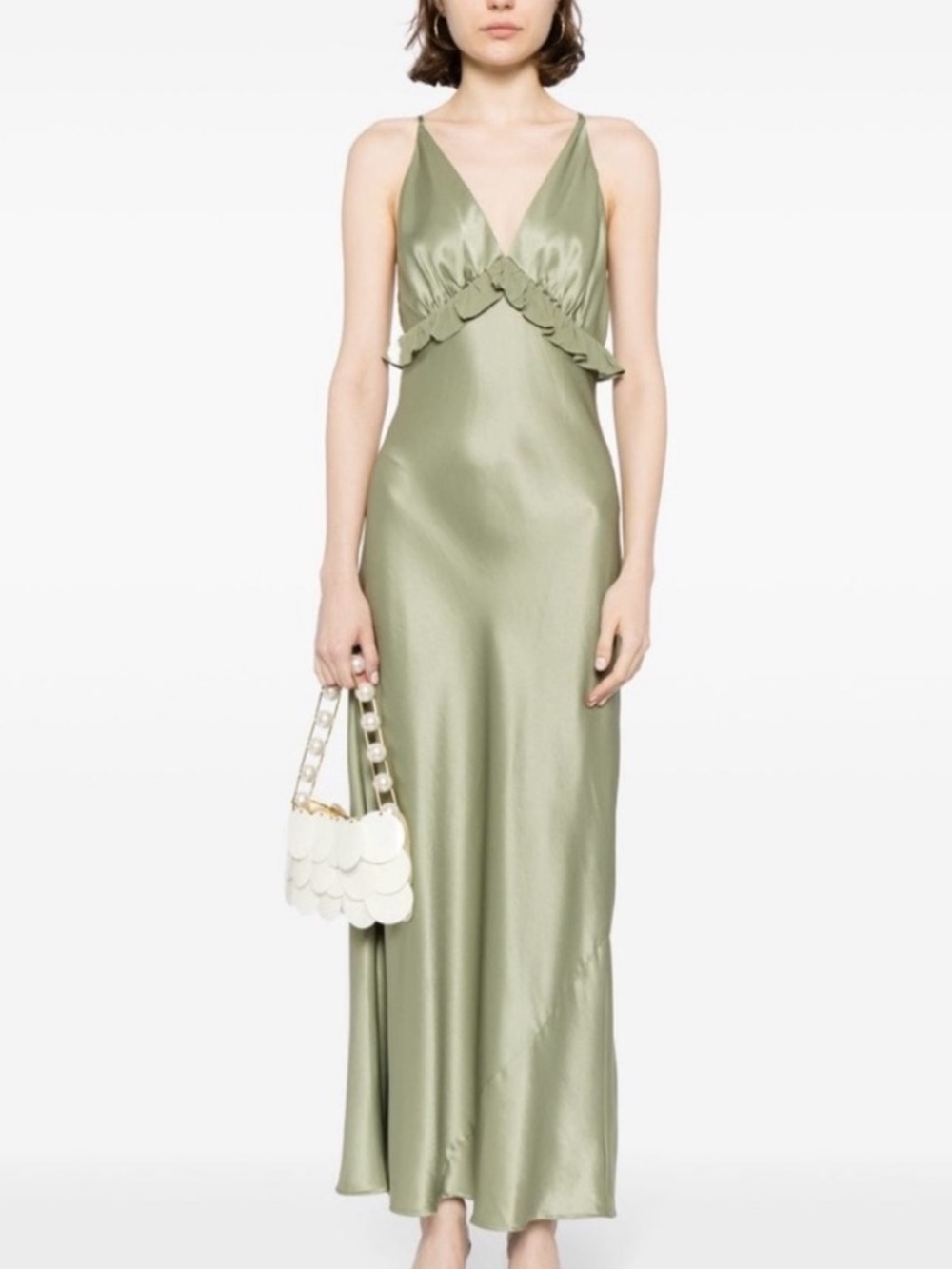 Satin V-Neck Slip Dress in Sage Green